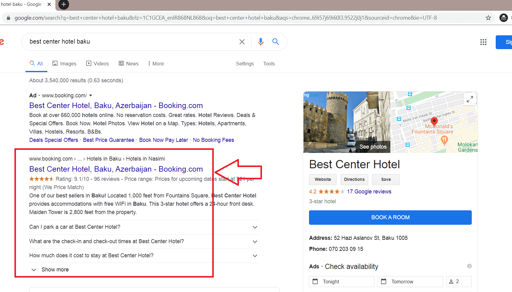جستجوی هتل بست سنتر باکو در گوگل