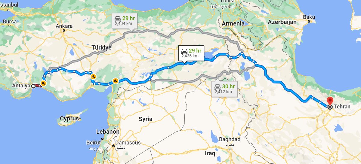تصویری از فاصله تهران تا آنتالیا بر روی نقشه