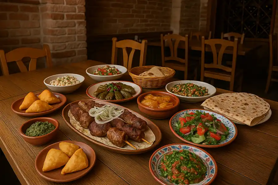 میز پر از غذاهای سنتی ارمنی در یک رستوران محلی