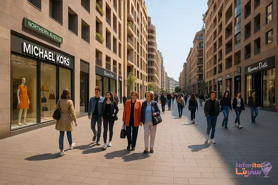 عکس خیابان Northern Avenue در روز، با مغازههای برند و عابران.