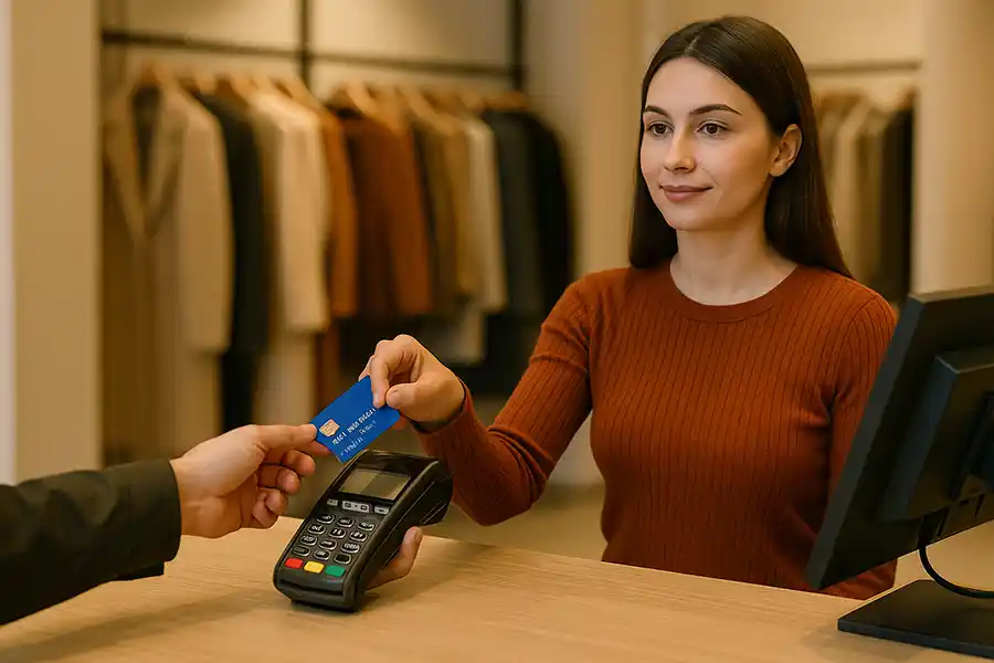 عکس صندوقدار در یک فروشگاه ایروان در حال کشیدن کارت بانکی مشتری.
