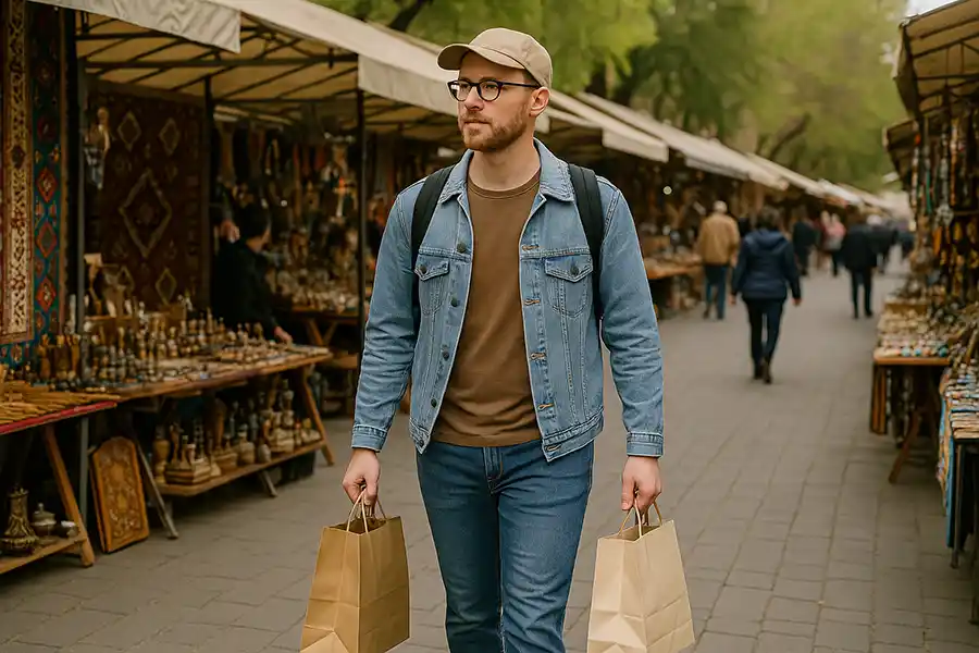 یک توریست در حال قدم زدن در Vernissage با کیسههای خرید در دست.