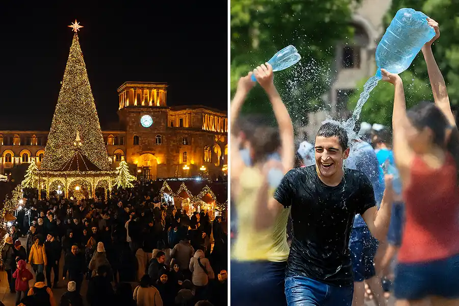 سمت چپ بازارچه کریسمس در میدان جمهوری ایروان و سمت راست جوانانی که در جشن آب وارداوار به هم آب می‌پاشند